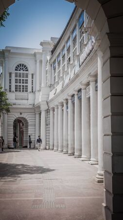 New Delhi / India - April 11 2017: Business district Connaught Place in downtown New Delhi India with offices, banks and shopping centers. British style architecture in Delhi, India.のeditorial素材