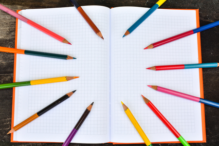 School stationery frame on wooden background 4の写真素材