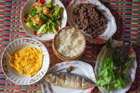 It's a simple food picture. taken in the morning There are various nutrients arranged beautifully and simply.の写真素材
