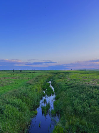 Landscape of meadow and river under blue sky at sunset.の写真素材