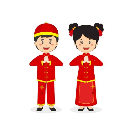 Couple Character Wearing Traditional Chinese Dressのイラスト素材