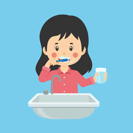 Happy Cute Kid Girl Brush Clean Teeth for your Project and Othersのイラスト素材