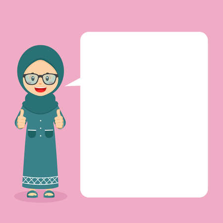 Muslim Girl Character Making Thumb Up with Speech Bubbles for your Project and Othersのイラスト素材