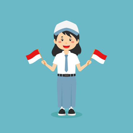 Cute Indonesian Senior High School holding Flag Indonesia for your Project and Othersのイラスト素材