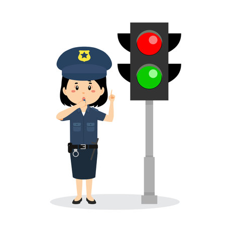 Happy Cute Girl Wearing Police Uniform Stand Beside Traffic Lamp for your Project and Othersのイラスト素材