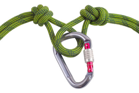 Carabiner whit climbing knot isolated on white