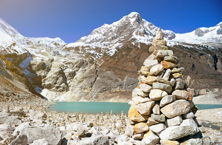 Himalayas mountain landscape with stone towerの写真素材