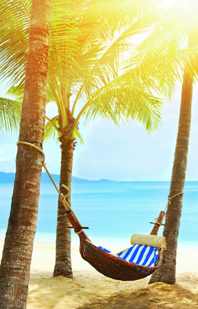 Beautiful beach. Hammock between two palm trees on the beach. Holiday and vacation concept. Tropical beach. Beautiful tropical island.の写真素材