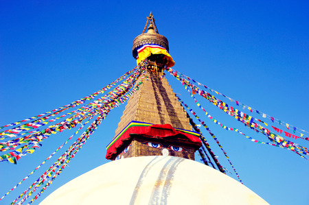 View of Boudhanath Stupa. Top of Stupa Boudhanath with prayer flags, Kathmandu, Nepal.の写真素材