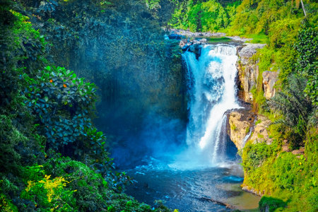 Waterfall hidden in the tropical jungle. Majestic waterfall in the rainforest jungle. Green and clean waterfalの写真素材