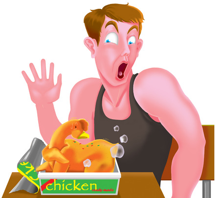 Man surprised to find the frozen chicken is standing in the boxのイラスト素材