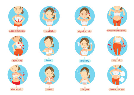 Menstruation pain or stomach ache.Cartoon character of the women in the circle vector illustration.のイラスト素材