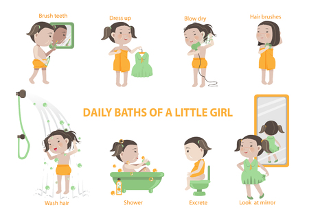 Daily baths of a little girl  infographic.Vector Illustration set of charactersのイラスト素材