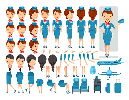 Air hostess character creation set.Icons with different types of faces and hair style, emotions,front,rear,side view of female person.Moving arms,legs.Vector illustration Isolated on white backgroundのイラスト素材
