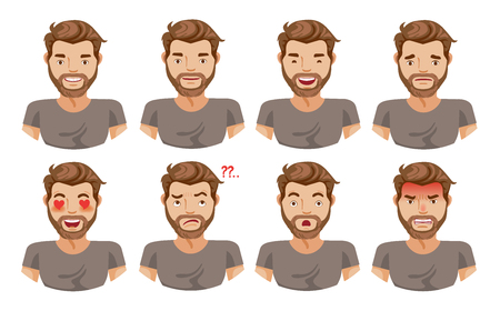 Face man Set of male facial emotions. Bearded man emoji character with different expressions. Vector illustration in cartoon Isolated on white backgroundのイラスト素材