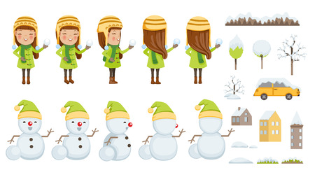 Girl and Snowman animated character set.のイラスト素材