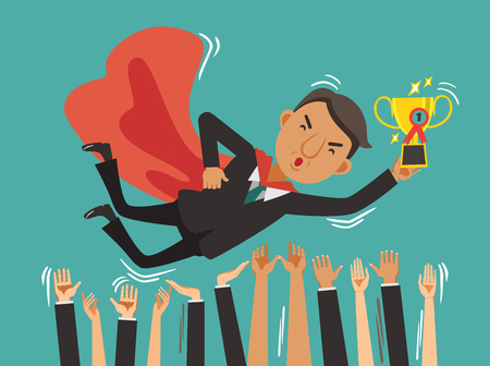 Super businessmen leader with a trophy and his team celebrating their success.Isolated on white background.Vector illustrationsのイラスト素材