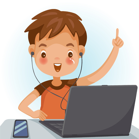 Little boy using the notebook computer at room The concept of learning and enjoying online learning technology Vector illustrations isolated on white background.のイラスト素材