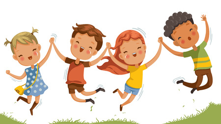 Boys and girls are playing together happily. Kids Play at the grass. Children Holding hands and jumping , Running a meadow. The concept is fun and vibrant moments of childhood. Vector illustrations. のイラスト素材
