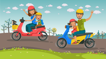 Motorcycle Travel asians family. son, daughter, father Motorcycle ride together Go on the road. Smile and waved happily. Beautiful scenery, morning in the spring. Vector illustrationsのイラスト素材