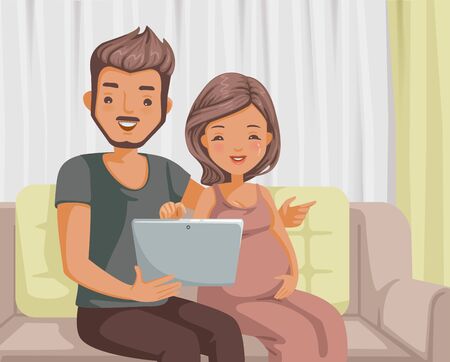 Husband and  wife using computer sitting on sofa at home.のイラスト素材