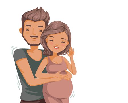 Handsome man and his beautiful pregnant wife are hugging and smiling while standing.のイラスト素材
