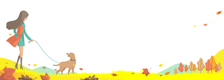 Autumn fall landscape. The wind falling leaves. Girl is walking  with her Labrador dog. The park has beautiful jungle scenery and beautiful colors. meadows and trees turn yellow, orange and red.のイラスト素材