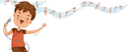 Boy singing. Note on the white background. Billboard or branner design. Gaps fill your data to fill. Concept illustrations for web pages, schools, special classes for children. Vectorsのイラスト素材