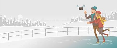Playing Ice skate in the rink. Lovers are holding hands. Mobile phones have wings that fly to photograph couples.Romantic time. Covered snow cover.Beautiful rural scenery in winter.Vector illustrationのイラスト素材