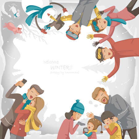 Vacations winter. Design greeting card. Family, friends, lover, snowman. In the atmosphere of winter, spending time on vacation. The department of the lovely group of people. Design greeting card.のイラスト素材