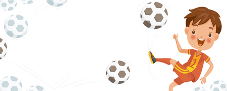 Boy playing football. Monochrome ball that bounced on the white background. Billboard or branner design. Gaps fill your data to fill. Concept illustrations for web pages,schools,Special sports classesのイラスト素材