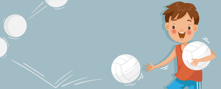 Boy playing volleyball. White ball that bounced on the blue background. Billboard or branner design. Gaps fill your data to fill. Concept illustrations for web pages, schools, Special sports classes.のイラスト素材