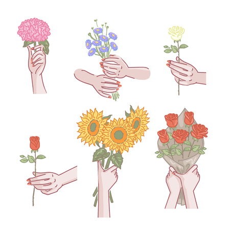holding flowers hands female set. Women hand holding Flower bouquet. Meaning of showing love. Various,different gestures, rose, daisy, sunflower, hydrangea. illustrations vector design of hand drawn.のイラスト素材
