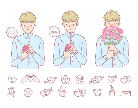 Love man holding flowers hands male. Feelings of fulfillment and disappointment. Using the phone to send messages. icon for the love set. vector design of hand drawn style. cartoon illustrations.のイラスト素材