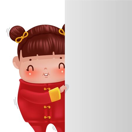Children behind a wall. Gril personality in red cheongsam dress. Cute traditional. Chinese New Year.  Cartoon vector illustration isolated on a white background.のイラスト素材