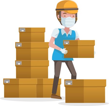Delivery Medical masked staff are lifting the box. Cartoon work activities in the store. Workers that prevent infection of Covid 19. Business men are working.  vector illustration isolated on white.のイラスト素材