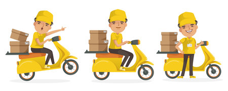 Delivery man vector set. Man holding box or product. Deliveryman in uniform motorcycle. Delivery man driving.  isolated.のイラスト素材