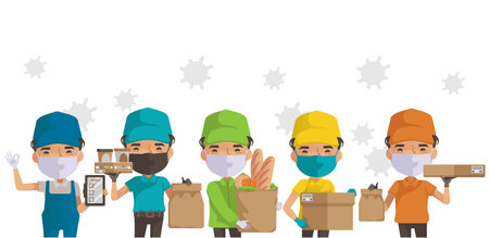 Deliveryman mask group. Man holding box or product. Posture of full standing and holding or pointing. Deliveryman isolated.のイラスト素材