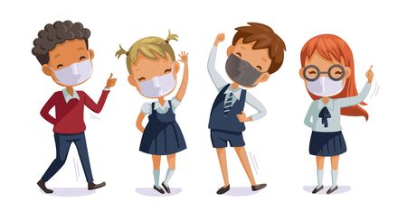 Back to school for new normal concept. Children uniform wearing sanitary masks. Gesture of students and friends at the school. Children in uniformのイラスト素材