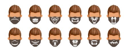 Fashion mask set. Lips, mouth, tongue, teeth collection, fashion style masks for men. Pattern for printing in black white on fabric. Halloween fashion, fangs of ghosts or demons. Funny and interestingのイラスト素材