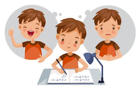 Children's Mental Health concept of boy. Feelings, emotions, and gestures in the opposite state. Mental health problems, normal conditions, stress and relaxation conditions, suffering and happiness.のイラスト素材