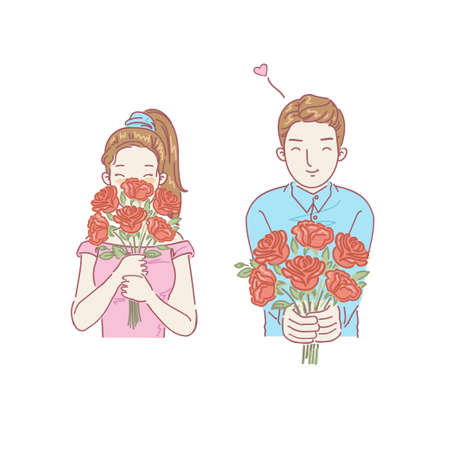 Cheerful pretty woman holding flowers.Young female florist holding freshly blooming floral bouquet. Man holding before him a bouquet of red roses. covers his face with flowers. Hand drawn style.のイラスト素材