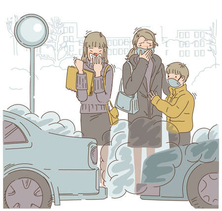 Pollution car Women wear protective masks.People in protective mask on industrial background with factories and smog.In the outdoor. Cartoon vector illustration. Hand drawing.のイラスト素材