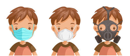 boy wearing medical mask. Different mask types. Male head face. Isolated on a white background vector illustrationのイラスト素材