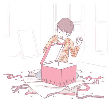 Present boy. Portrait of adorable boy with gift boxes.  looking into with a feeling of expectation, happy, smiling. Hand drawn illustration vector style.のイラスト素材