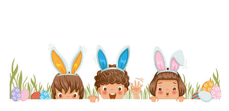 Little girls with bunny ears. Gradually emerged step with copy space. Waiting for the easter rabbit. Laughing Children with bunny ears, Suspenders hunting for easter eggs. Different and many characters. Vector isolated on a white background.のイラスト素材