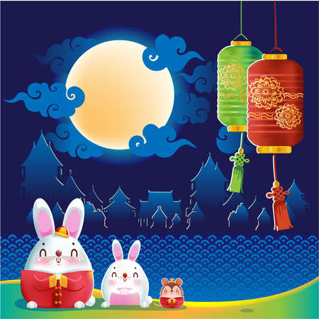 happy chinese mid autumn greeting card. Moon cake and rabbit kawaii style.のイラスト素材