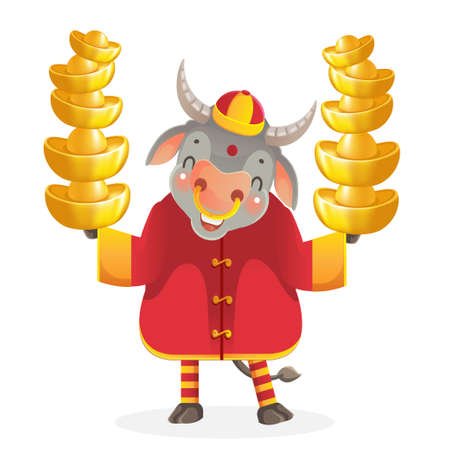 Cow personality. Red cheongsam dress. Bull zodiac symbol of the year 2021. Chinese New Year character design concept. Year of the ox. gestures and smiling. Cute cartoon style. Cow holding gold.のイラスト素材