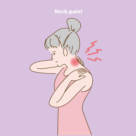 Menstrual cramps Tired woman having neck pain symptom. girl holds neck in his hands. Feeling very unwell. Chronic muscle spasms. Nerve over bone problems. Office syndrome concept. Simple line drawingのイラスト素材