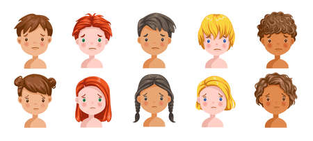 Boys and girls set sadly emotions, Feeling sad, face of the child.  Different nationalities are different. Variety of children. Female and male heads. Picture of students.のイラスト素材